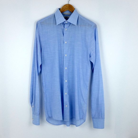 SuitSupply Blue Houndstooth Egyptian Cotton Button Up Dress Shirt Size 15 3/4 L - Picture 13 of 14